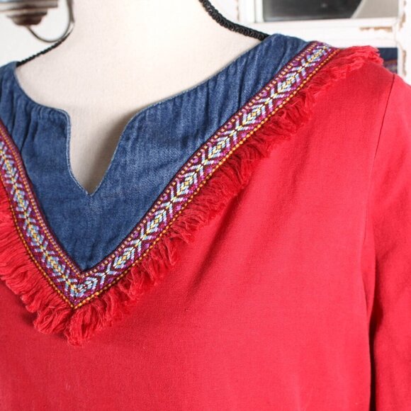 Casey & Max Vintage Red & Blue Fringe Top, Size Medium - Boho Vibes! - Picture 3 of 7